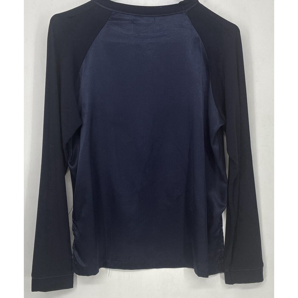 Mersea Navy Blue Mixed Media S Woven Silky LS Luxury Minimalist Quiet Luxury Top - Picture 4 of 8
